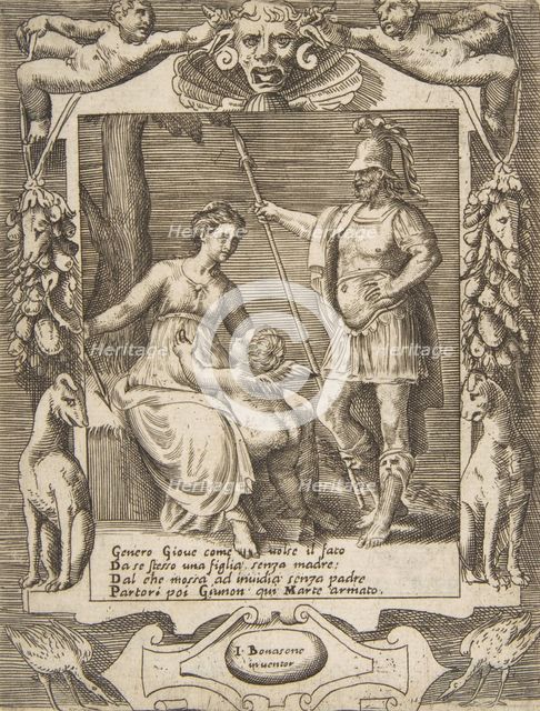 Juno, Mars and Cupid, set within an elaborate frame, from the 'Loves, Rages and Jealous..., 1531-76. Creator: Giulio Bonasone.