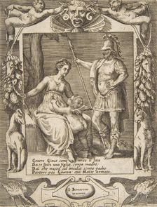 Juno, Mars and Cupid, set within an elaborate frame, from the Loves, Rages and Jealous..., 1531-76. Creator: Giulio Bonasone