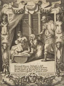 Juno persuading Athena to nurse the young Hercules, set within an elaborate frame, from..., 1531-76. Creator: Giulio Bonasone