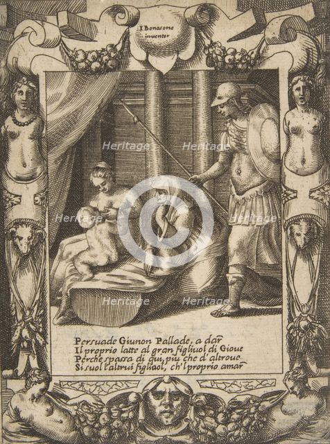 Juno persuading Athena to nurse the young Hercules, set within an elaborate frame, from..., 1531-76. Creator: Giulio Bonasone.