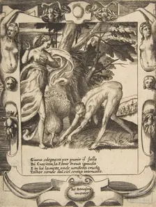 Juno sending famine against Crasiton, set within an elaborate frame, from Loves, Rages..., 1531-76. Creator: Giulio Bonasone