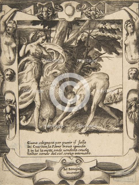 Juno sending famine against Crasiton, set within an elaborate frame, from 'Loves, Rages..., 1531-76. Creator: Giulio Bonasone.