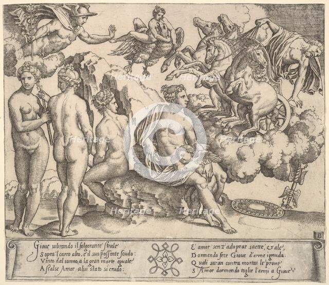 Jupiter tumbling from a horse-drawn carriage at right, Ganymede in the form of an eagle..., 1530-60. Creator: Master of the Die.