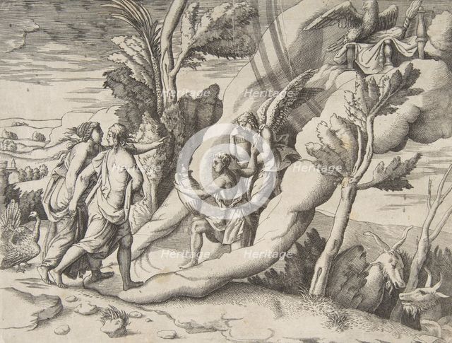 Jupiter and Juno being received in the heavens by Ganymede and Hebe, from the 'Division..., 1531-76. Creator: Giulio Bonasone.