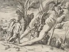 Jupiter and Juno being received in the heavens by Ganymede and Hebe, from the Division..., 1531-76. Creator: Giulio Bonasone
