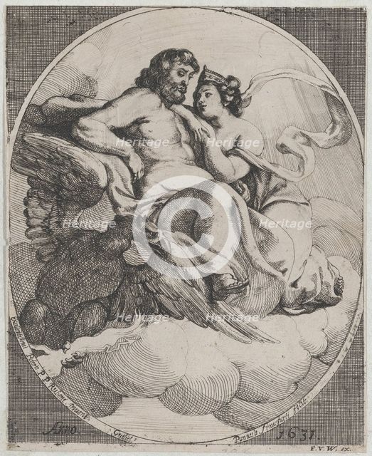 Jupiter and Juno seated on clouds, with an eagle holding thunderbolts below at left, 1631. Creator: Willem Panneels.