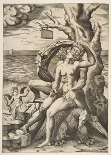 Jupiter and Semele embracing, an eagle beneath them, a tree at right with a blank t..., ca. 1515-27. Creator: Marco Dente