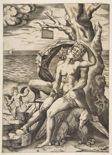 Jupiter and Semele embracing, an eagle beneath them, a tree at right with a blank t..., ca. 1515-27. Creator: Marco Dente