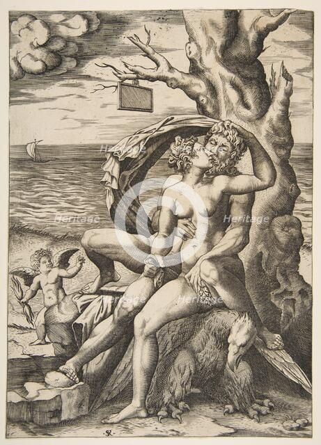 Jupiter and Semele embracing, an eagle beneath them, a tree at right with a blank t..., ca. 1515-27. Creator: Marco Dente.