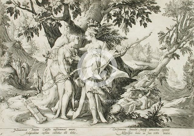 Jupiter Assuming the Form of Diana in Order to Seduce Callisto, published 1590. Creator: Hendrik Goltzius.