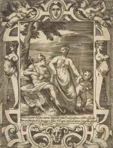 Jupiter at left in the form of a shepherd accompanied by Mnemosyne, set within an elabo..., 1531-76. Creator: Giulio Bonasone