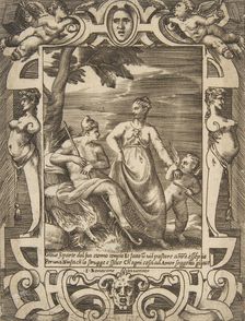 Jupiter at left in the form of a shepherd accompanied by Mnemosyne, set within an elabo..., 1531-76. Creator: Giulio Bonasone