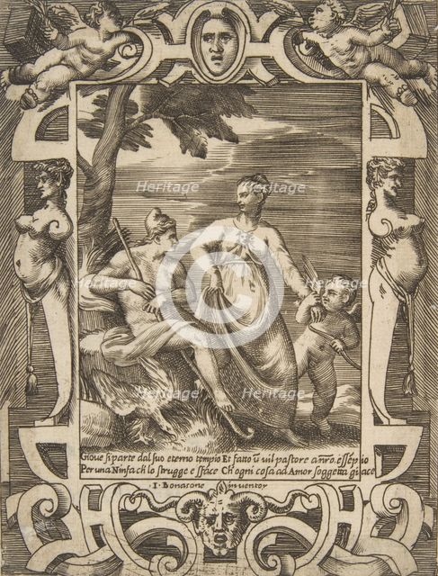 Jupiter at left in the form of a shepherd accompanied by Mnemosyne, set within an elabo..., 1531-76. Creator: Giulio Bonasone.