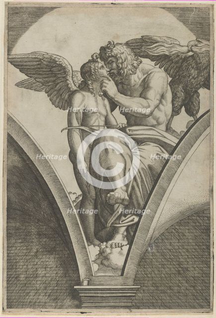Jupiter embracing Cupid after Raphael's fresco in the Chigi Gallery of the Villa Fa..., ca. 1517-20. Creator: Marcantonio Raimondi.