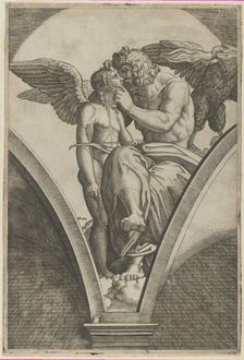 Jupiter embracing Cupid after Raphael's fresco in the Chigi Gallery of the Villa Fa..., ca. 1517-20. Creator: Marcantonio Raimondi
