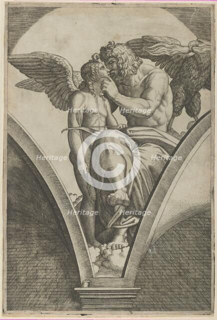 Jupiter embracing Cupid after Raphael's fresco in the Chigi Gallery of the Villa Fa..., ca. 1517-20. Creator: Marcantonio Raimondi.