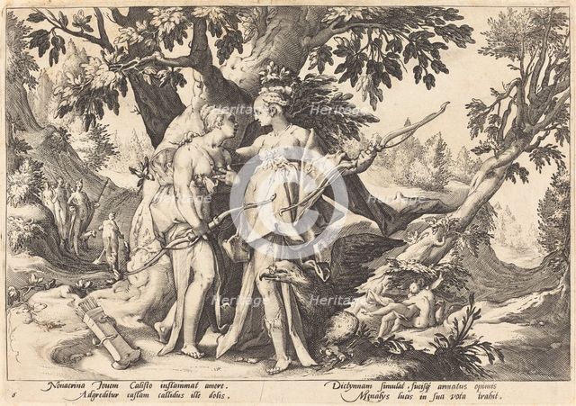 Jupiter in the Disguise of Diana Seduces Callisto. Creator: Goltzius, Workshop of Hendrick, after Hendrick Gol.