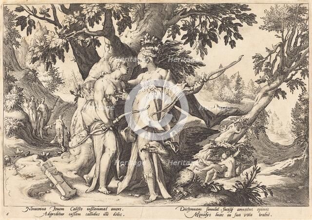 Jupiter in the Disguise of Diana Seduces Callisto. Creator: Goltzius, Workshop of Hendrick, after Hendrick Gol.