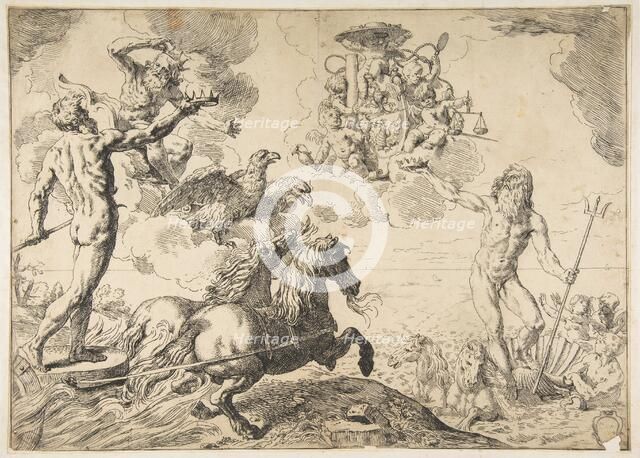 Jupiter, Neptune, and Pluto offering their crowns to the arms of Cardinal Borghese, 1642-43. Creator: Simone Cantarini.