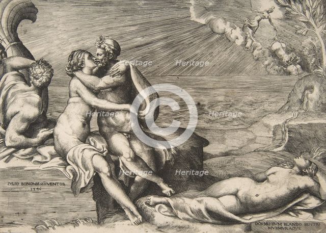 Jupiter's love for Juno rekindled when she puts on Venus's Girdle, 1546. Creator: Giulio Bonasone.