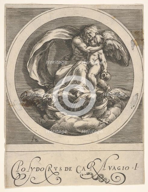 Jupiter, seated above two eagles and embracing Cupid, a round composition from a serie..., ca. 1590. Creator: Cherubino Alberti.