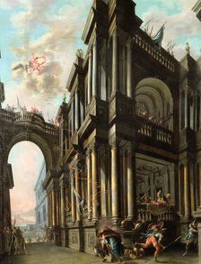 Jupiter strikes a monarch on the crown in his palace 1777. Artist: Nicola Bertuzzi
