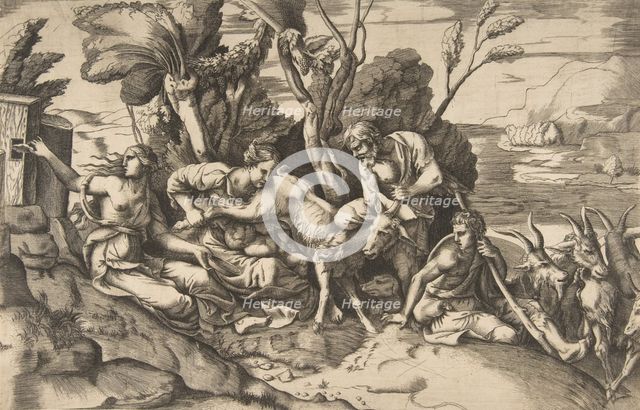 Jupiter suckled by the goat Amalthea, 1531-76.. Creator: Giulio Bonasone.