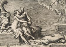 Jupiter's love for Juno rekindled when she puts on Venus's Girdle, 1546. Creator: Giulio Bonasone