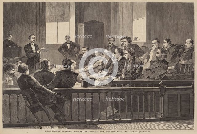 Jurors Listening to Counsel, Supreme Court, New City Hall, New York, published 1869. Creator: Winslow Homer.