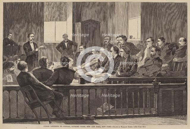 Jurors Listening to Counsel, Supreme Court, New City Hall, New York, published 1869. Creator: Winslow Homer.