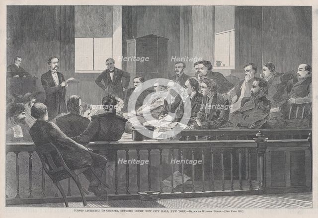 Jurors Listening to Counsel, Supreme Court, New York City Hall, New York (Har..., February 20, 1869. Creator: Unknown.