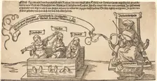 Justice, Truth and Reason in the Stocks with the Seated Judge and Sleeping Piety, probably 1526. Creator: Albrecht Durer