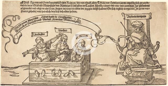 Justice, Truth and Reason in the Stocks with the Seated Judge and Sleeping Piety, probably 1526. Creator: Albrecht Durer.