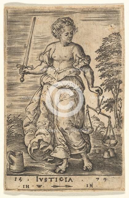 Justice, an allegorical figure holding a balance in her left hand and a sword in her right..., 1579. Creator: Jan Wierix.