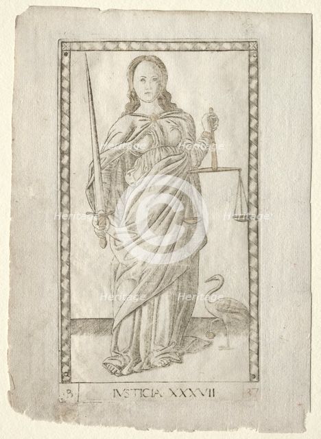 Justice (from the Tarocchi, series B: Cosmic Principles & Virtues, #37), before 1467. Creator: Master of the E-Series Tarocchi (Italian, 15th century).