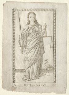 Justice (from the Tarocchi, series B: Cosmic Principles & Virtues, #37), before 1467. Creator: Master of the E-Series Tarocchi (Italian, 15th century)