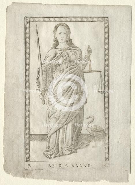 Justice (from the Tarocchi, series B: Cosmic Principles & Virtues, #37), before 1467. Creator: Master of the E-Series Tarocchi (Italian, 15th century).