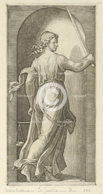 Justice personified by a young woman holding a sword in her raised right hand, scal..., ca. 1515-25. Creator: Marcantonio Raimondi.