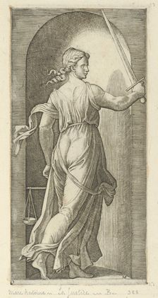 Justice personified by a young woman holding a sword in her raised right hand, scal..., ca. 1515-25. Creator: Marcantonio Raimondi
