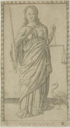 Justice, plate 37 from Genii and Virtues, c.1465. Creator: Unknown