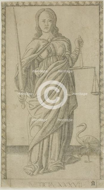 Justice, plate 37 from Genii and Virtues, c.1465. Creator: Unknown.