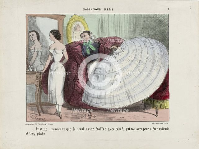 Justine, penses-tu que je serai assez étoffée avec cela?... From Modes pour rire, 1855-1859. Creator: Vernier, Charles (1813-1892).