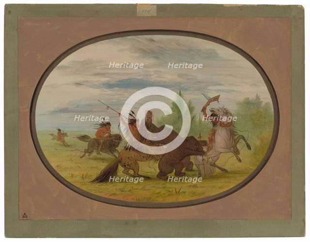 K'nisteneux Indians Attacking Two Grizzly Bears, 1861/1869. Creator: George Catlin.