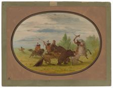 K'nisteneux Indians Attacking Two Grizzly Bears, 1861/1869. Creator: George Catlin