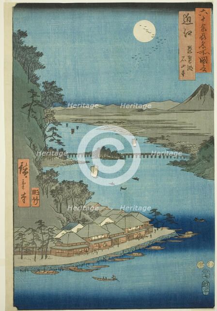Omi Province: Lake Biwa and Ishiyama Temple (Omi, Biwako Ishiyamadera), from the series "F..., 1853. Creator: Ando Hiroshige.