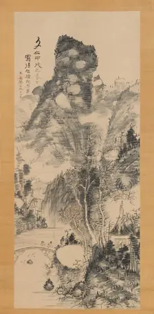 On a Rustic Bridge, Carrying a Zither (Yakyo hokin zu), 1814. Creator: Uragami Gyokudo