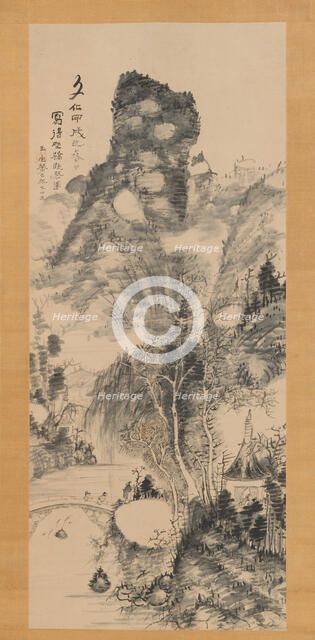 On a Rustic Bridge, Carrying a Zither (Yakyo hokin zu), 1814. Creator: Uragami Gyokudo.