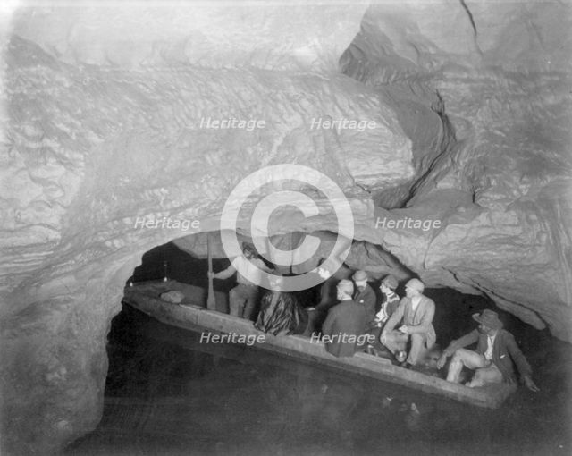 "On Echo River" (boat with tourists), Mammoth Cave, Edmondson County, Kentucky, c1891. Creator: Frances Benjamin Johnston.