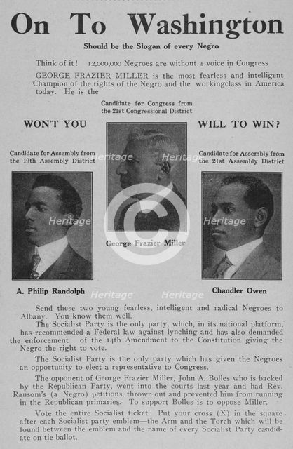 On to Washington; A. Philip Randolph, Candidate for Assembly from the 19th Assembly..., 1918-1922. Creator: Unknown.