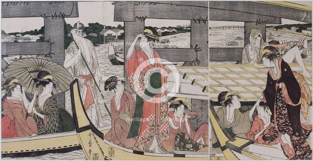 On top and beneath Ryogoku Bridge, c. 1796. Artist: Utamaro, Kitagawa (1753-1806)